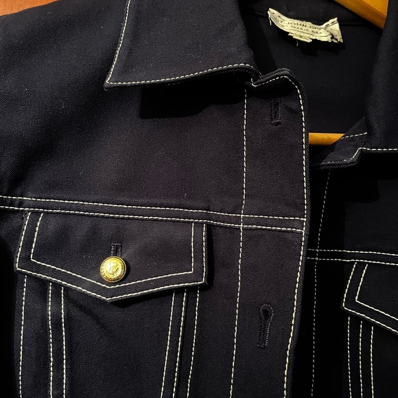 ST JOHN SPORT Navy Blue Twill Jacket Sz S Flap Pockets & White Stitching - Picture 4 of 8